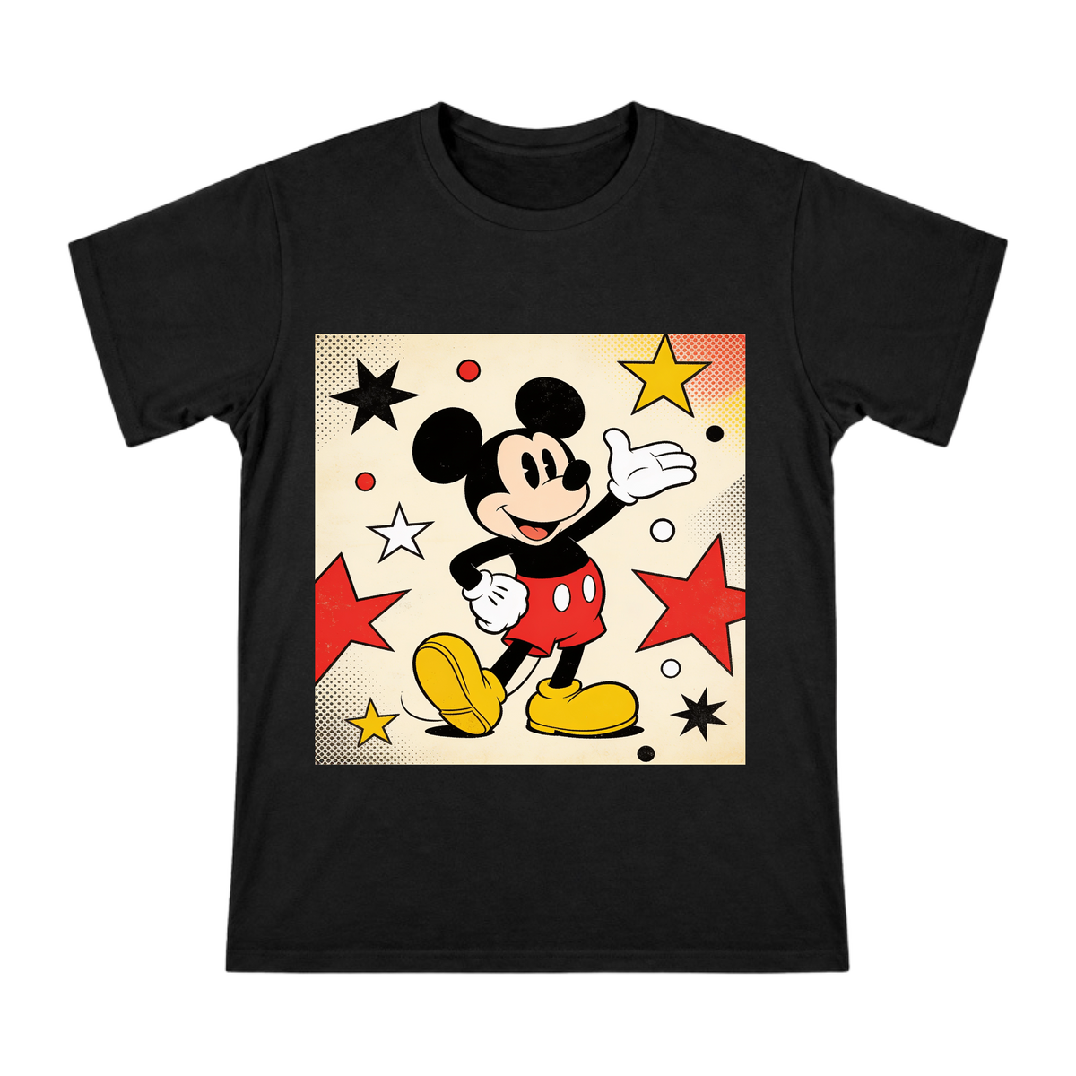 Retro Pop Art Mickey Mouse Waving Print Men's Cotton T-Shirt front [ai-pod:af0d142b43ebde89e7ca0a6e88ff7abd]