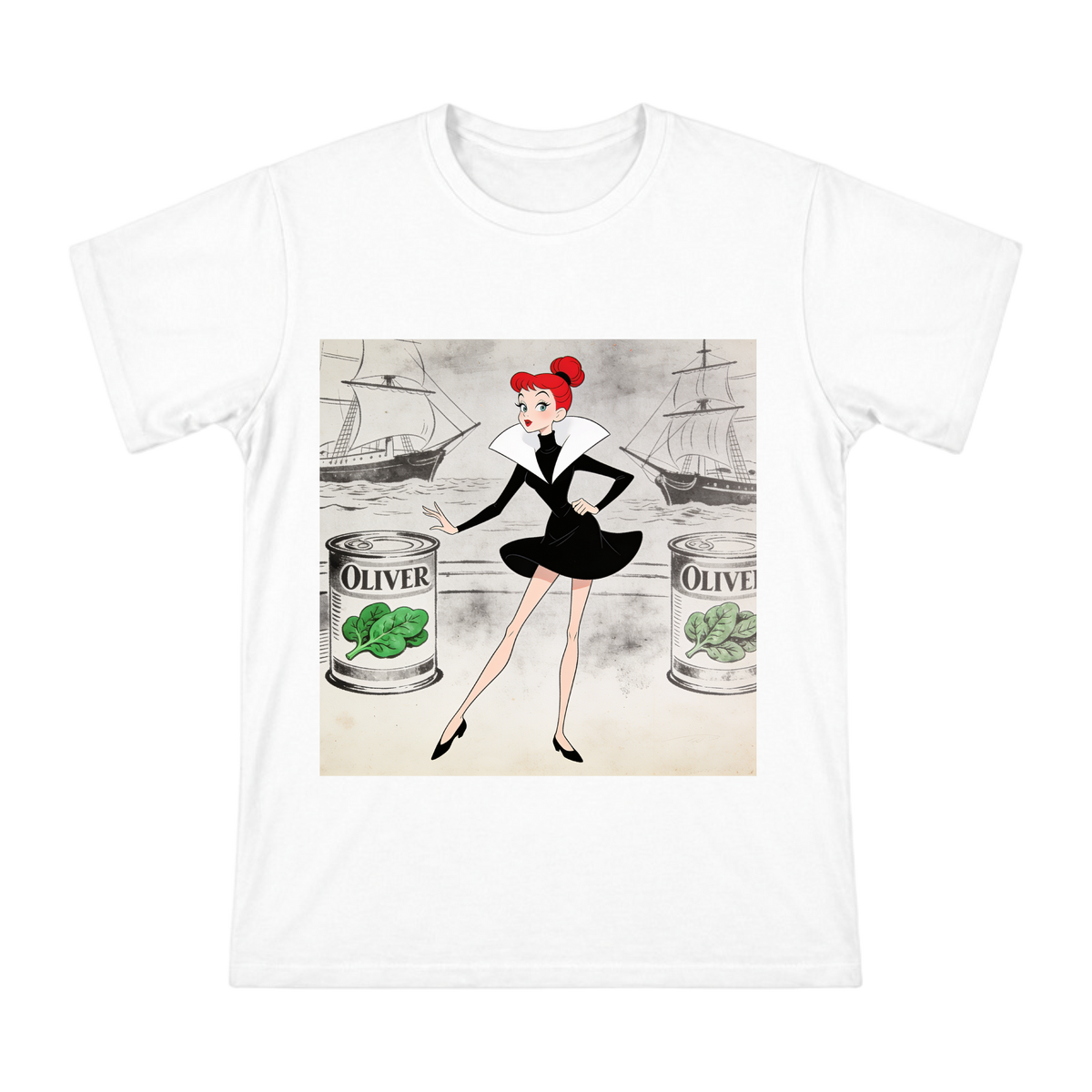 Vintage 1930s Red-Haired Cartoon Woman in Black Dress and White Collar Unisex Short Sleeve T-Shirt front [ai-pod:653f181d36870a403f45d3189c544630]