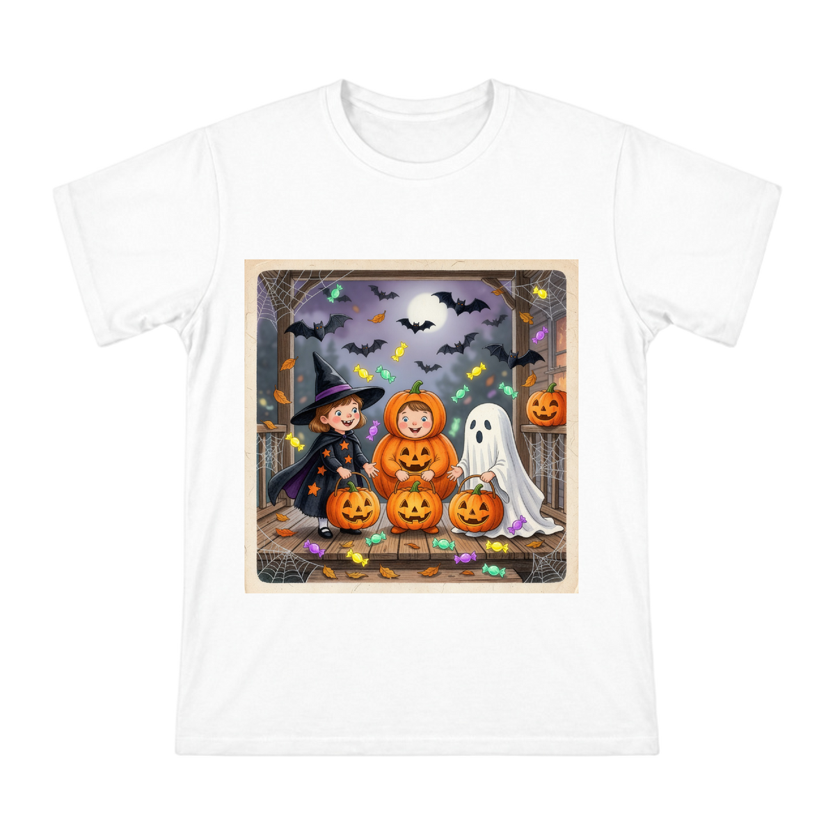 Halloween Trio: Witch, Pumpkin, and Ghost Illustration T-Shirt front [ai-pod:e0446599cf6fad30085fbe59bceec7be]