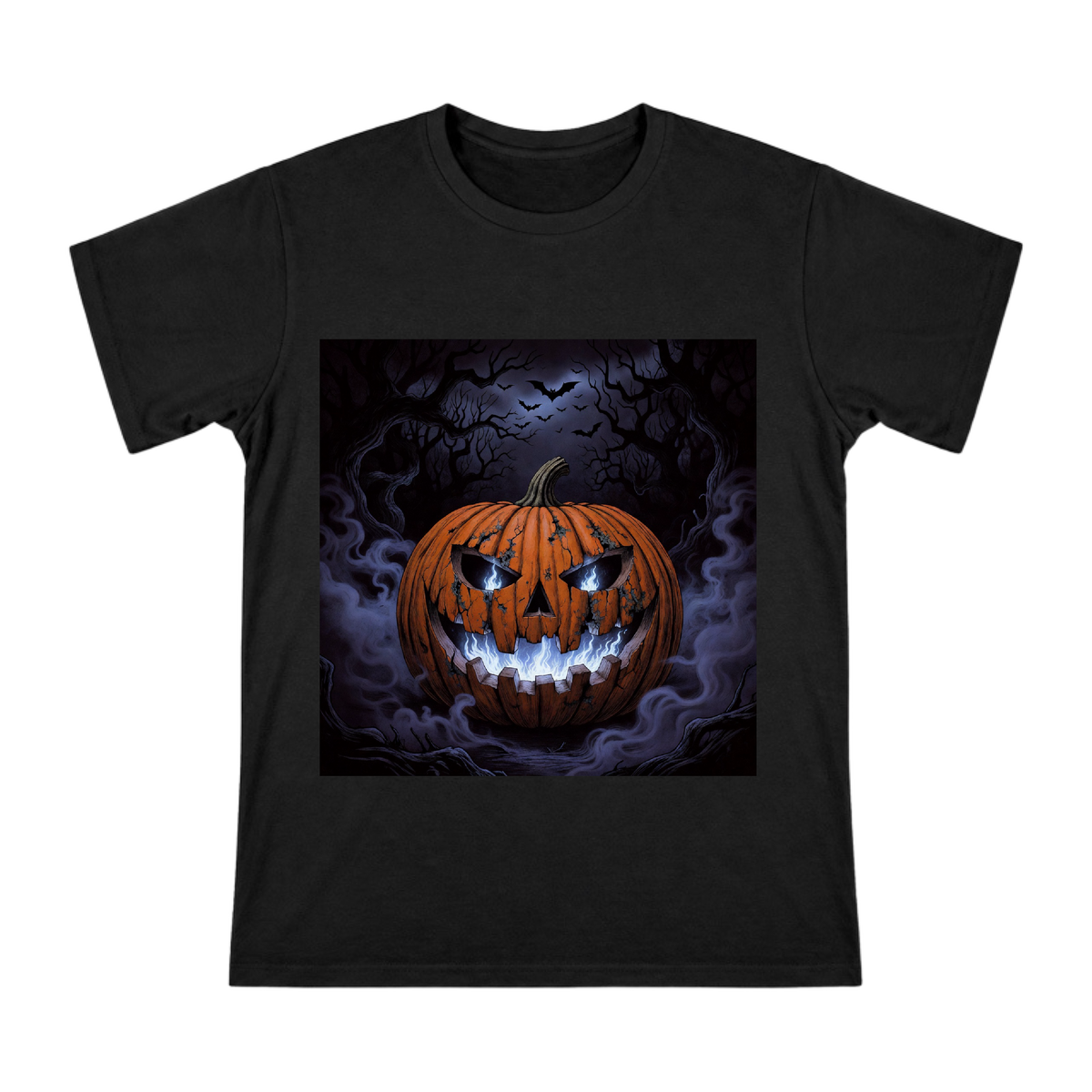 Glowing Blue Fire Pumpkin Lantern Illustration Men's Cotton T-Shirt front [ai-pod:1b0811365d28b70343d1b25572afb6b4]