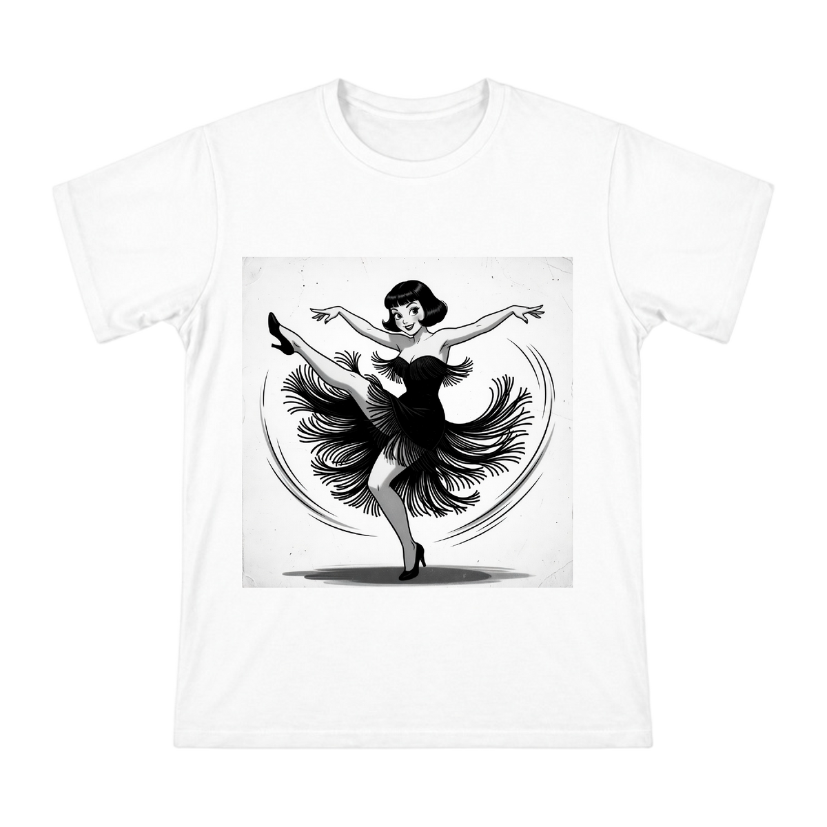 Retro Jazz Dancer with Fringed Dress T-Shirt front [ai-pod:7e1742711b275180136e5d3d03f6ad0a]
