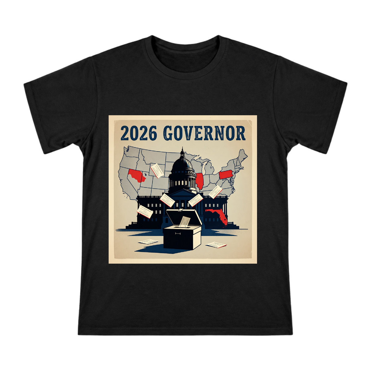 2026 Governor Election Vintage Political Poster Men's Cotton T-Shirt front [ai-pod:aedac8dea2f32d97665cb420647847c8]