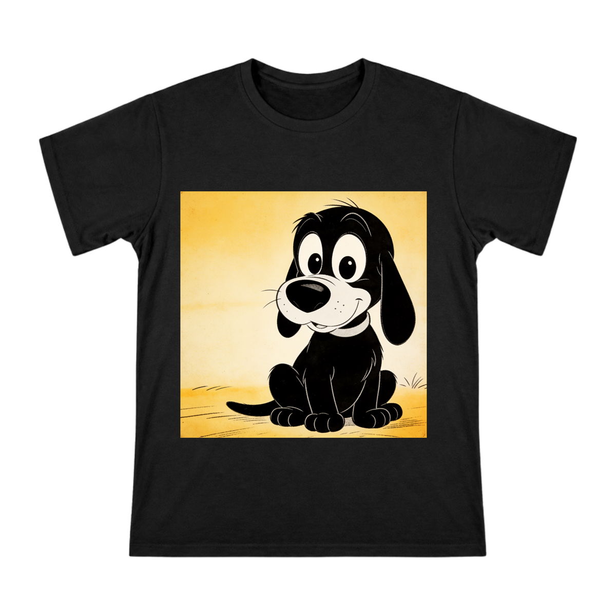 Vintage Retro Black Cartoon Dog Sitting Men's Cotton T-Shirt front [ai-pod:d7a23867ced38f04afdb1ba833645abb]