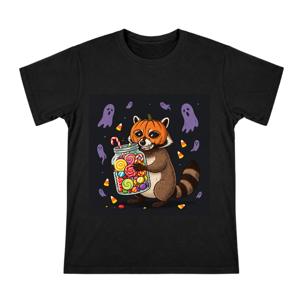 Pumpkin-Masked Raccoon Halloween Candy Jar Men's Cotton T-Shirt front [ai-pod:a3ea6410cffbaaefce4001adc9287e52]