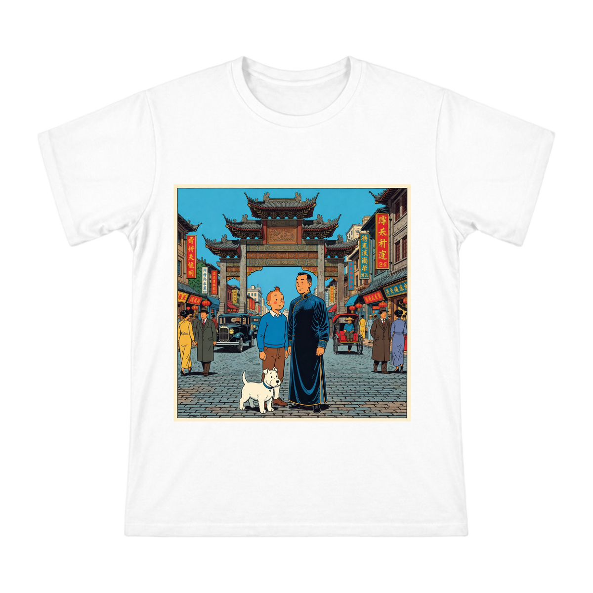 Tintin and Zhang Chongren Shanghai Adventure Men's Cotton T-Shirt front [ai-pod:bcddbc5daa34e69131be45942f682a76]