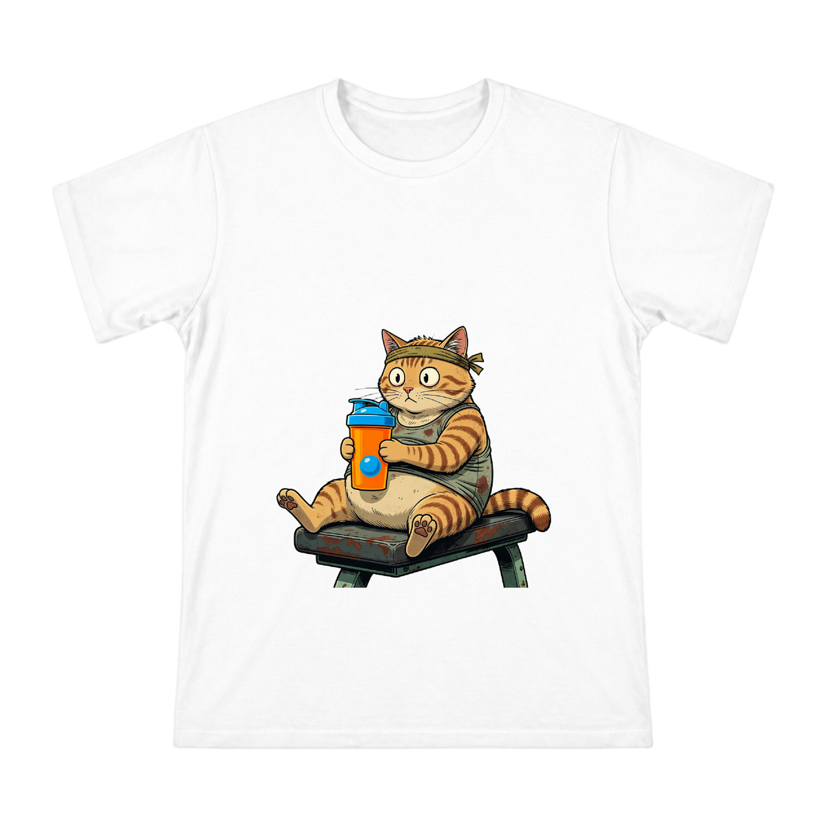 Hardcore Gym Orange Cat Protein Shaker Retro Comic Men's T-Shirt front [ai-pod:8868a100a91181fd5c6157af4cbb5977]