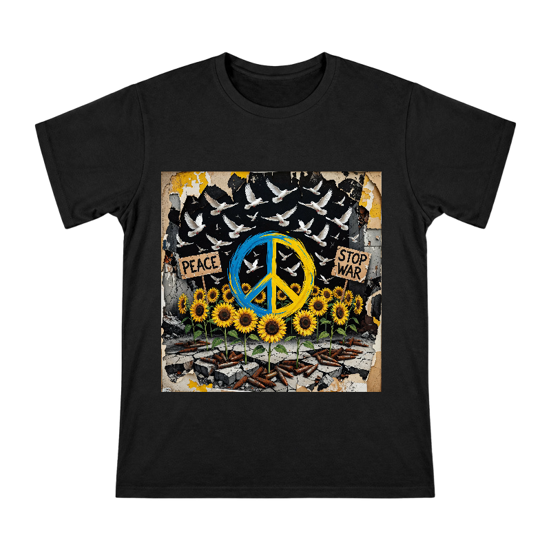 Blue and Yellow Peace Symbol with Sunflowers Anti-War Art Men's Short Sleeve T-Shirt front [ai-pod:e8cae2499424704d7e3ca745c8df067b]