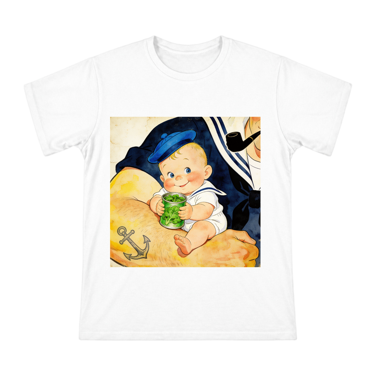 Retro Watercolor Baby Swee'Pea with Spinach Can Custom Print Men's Short Sleeve T-Shirt front [ai-pod:e7c3e6d79380813d7d5b0a90b447a6d4]