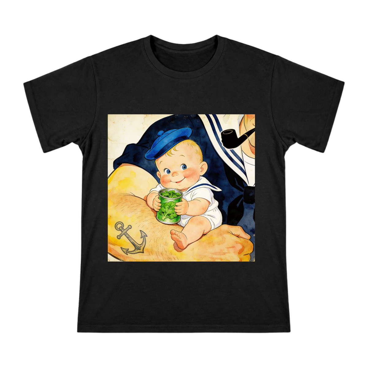 Retro Watercolor Baby Swee'Pea with Spinach Can Custom Print Men's Short Sleeve T-Shirt front [ai-pod:0c478a04a1d2de27638eac0fd13ce377]
