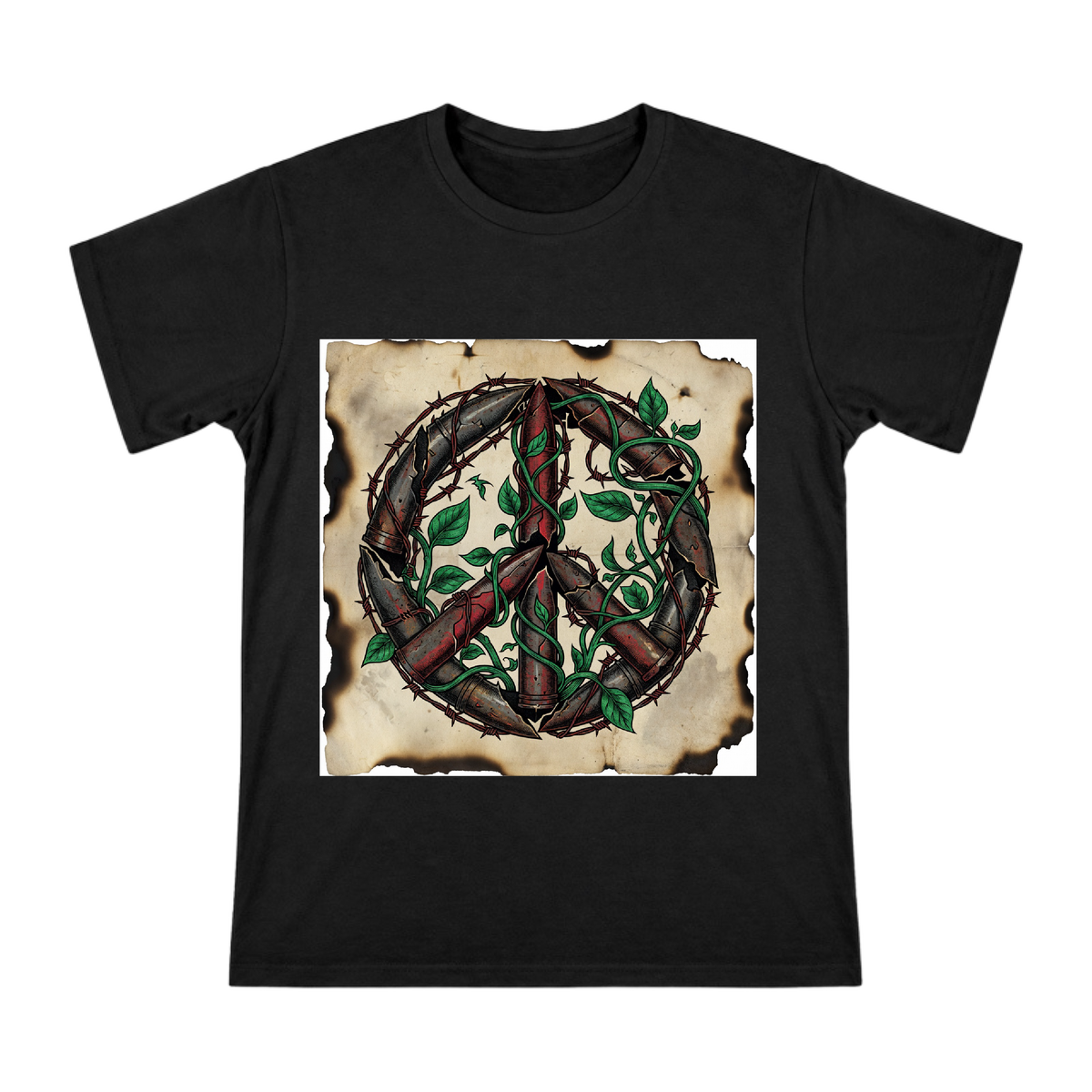 Rust and Renewal: Reconstructed Peace Symbol T-Shirt front [ai-pod:9732ef5aa3ef26bd66d1666a4efabf63]