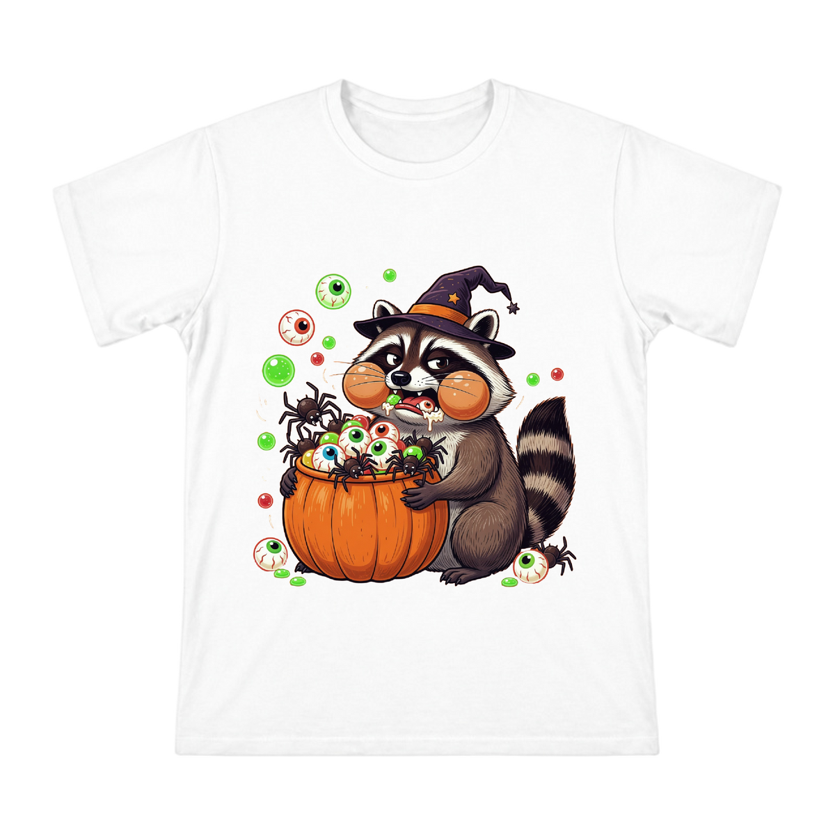 Greedy Raccoon Halloween Pumpkin Bucket Men's Custom T-Shirt front [ai-pod:94c4f99bec483d8b424d59c8b530e0fd]