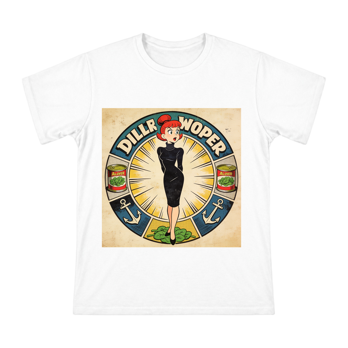 Retro American Comic Redhead Woman with Spinach Can Badge Men's Premium Cotton T-Shirt front [ai-pod:102a1c858de4e620557a657d887b7668]