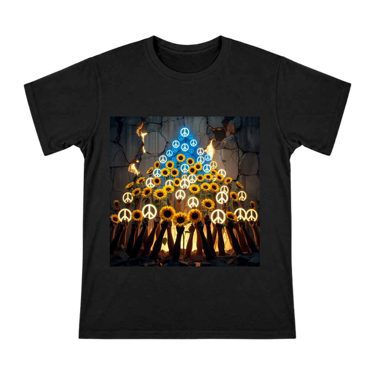 Peace Sunflowers Rising from Ruins Men's Custom Short Sleeve T-Shirt front [ai-pod:10bcb48426dd45ea3e594ec42060af82]