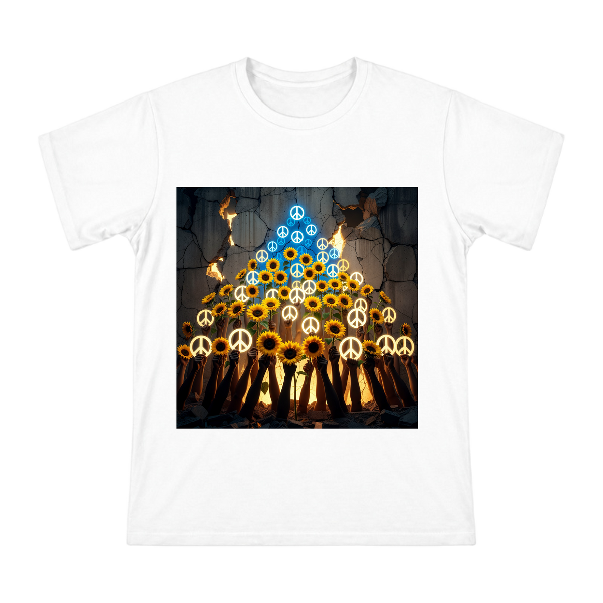 Peace Sunflowers Rising from Ruins Men's Custom Short Sleeve T-Shirt front [ai-pod:78b2e93ab32d62f1b811a8c6a4215f25]