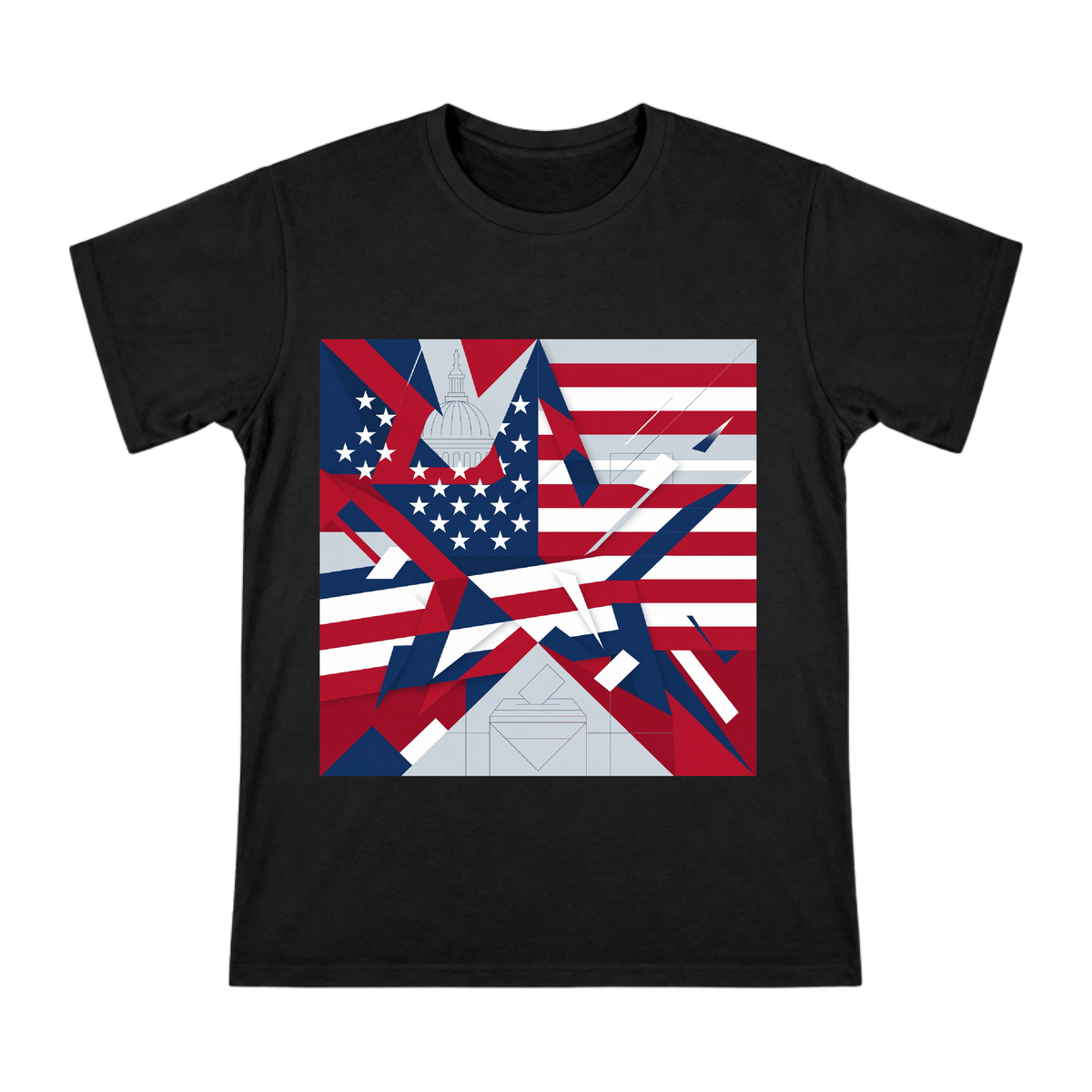Geometric Deconstructed Stars and Stripes with Voting Box T-Shirt front [ai-pod:a6908b1b40d97ef3665293dae17777c6]