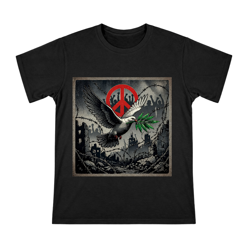 Peace Call Amidst Ruins Anti-War Vintage Print Men's Cotton T-Shirt front [ai-pod:0bd79a6deda8ca5506105e83bccd9147]