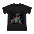 Cyberpunk 1% Battery Warning with Glowing Cyan Eyes Coffee Art Men's Short Sleeve T-Shirt front [ai-pod:b2eeb5d48472f561ac64175b051f0214]