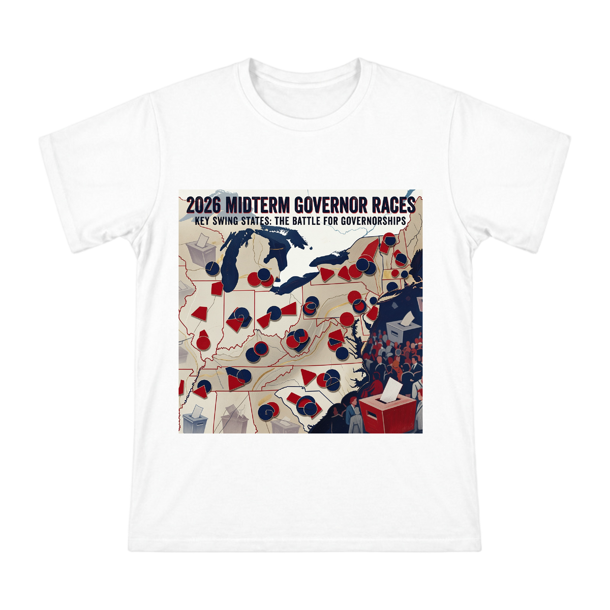 2026 Midterm Election Swing State Map Vintage Political Poster T-Shirt front [ai-pod:304eb06cc36f47d8e482114d82b15d34]