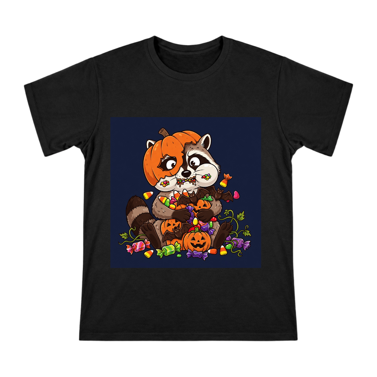 Halloween Raccoon Candy Heist Men's Custom T-Shirt front [ai-pod:95cb4a53eb7363275caf3edc1975c7f9]