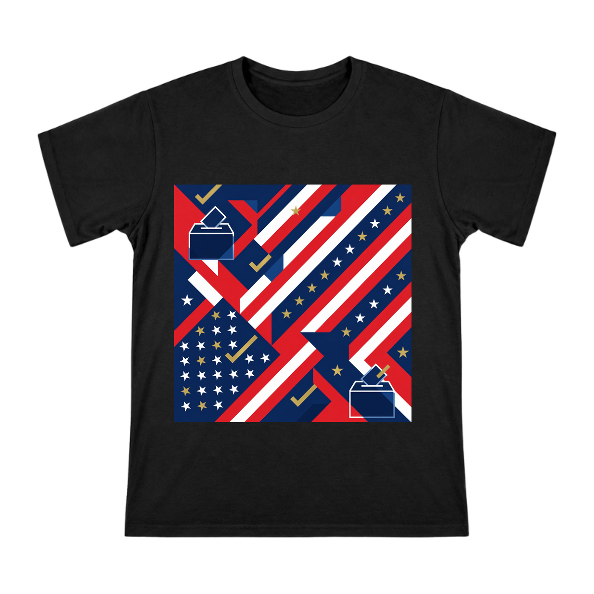 Abstract Geometric Stars and Stripes T-Shirt with Ballot Box Motif front [ai-pod:1a026cbe24111a36cebb72e34a823458]
