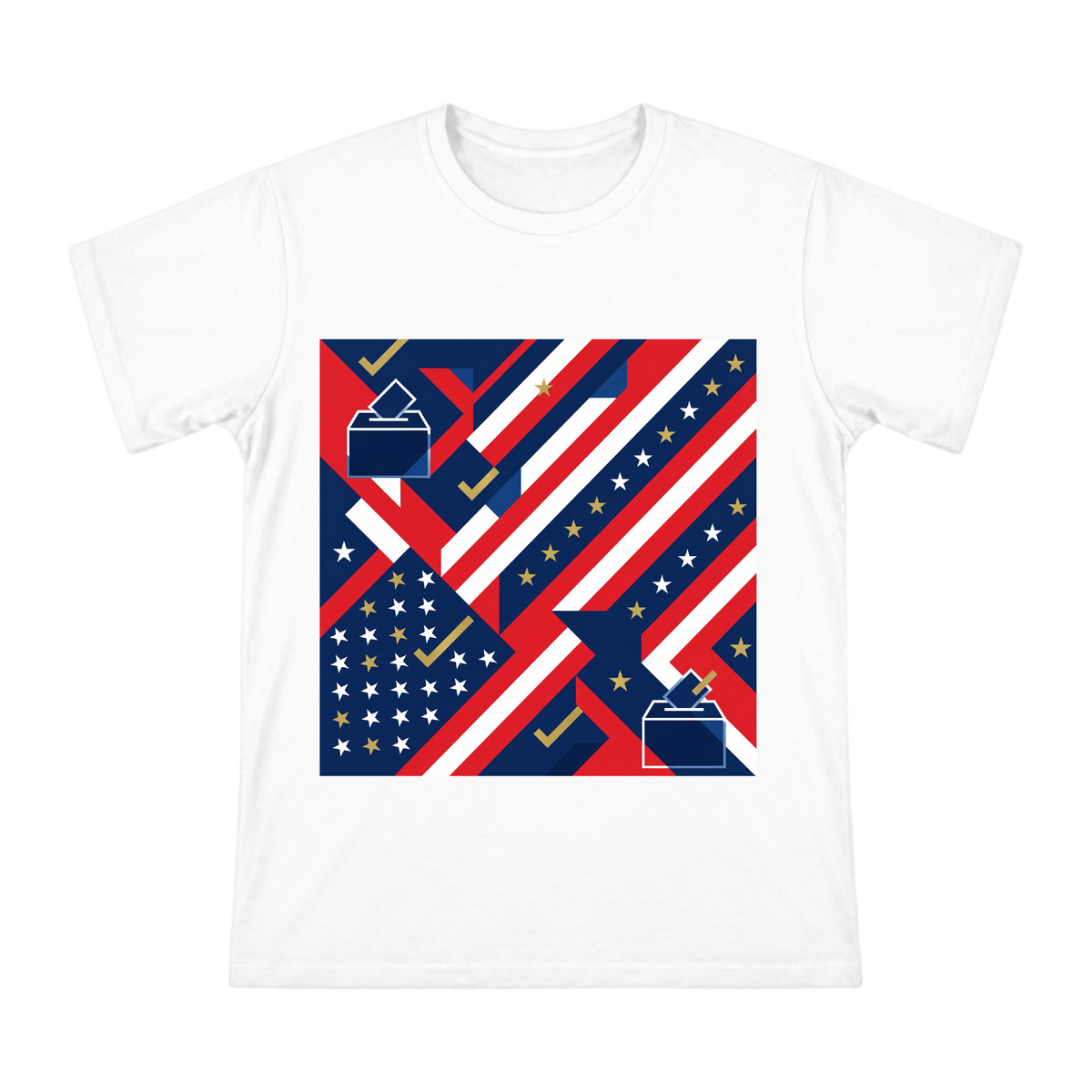 Abstract Geometric Stars and Stripes T-Shirt with Ballot Box Motif front [ai-pod:0ee2aa69d92958813b7fe19ea1fe218d]
