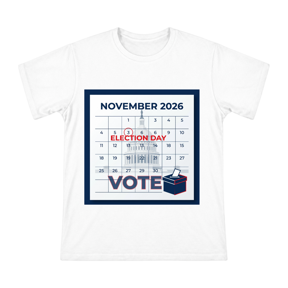 2026 Election Day Calendar and Vote Box Graphic Men's Short Sleeve T-Shirt front [ai-pod:7b34add5be5efe94228e7ca7a31b77f4]