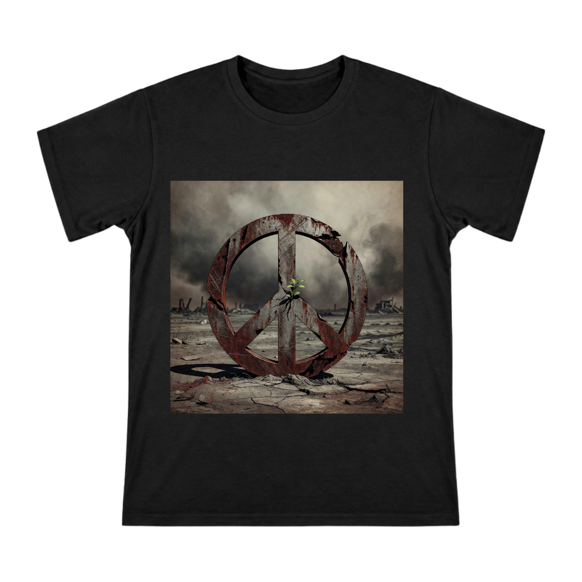 Rusted Peace Sign with Green Sprout Men's Custom T-Shirt front [ai-pod:da052c17ede0b282fda7907fae24d477]