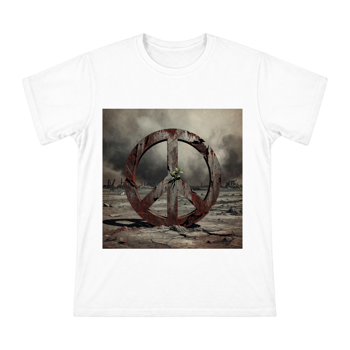 Rusted Peace Sign with Green Sprout Men's Custom T-Shirt front [ai-pod:28a2f00f66a2dc06a61323308f8d6009]