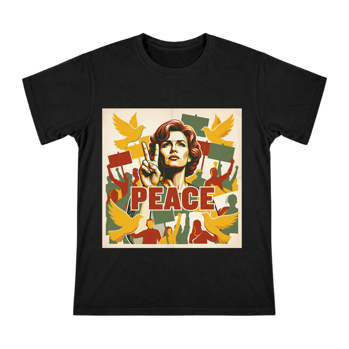 Retro 1970s Jane Fonda Peace Sign Portrait Custom Men's T-Shirt front [ai-pod:a4d3d70f4a7bbddf976712946711ed21]