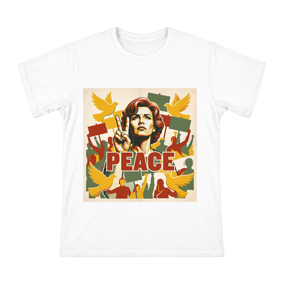 Retro 1970s Jane Fonda Peace Sign Portrait Custom Men's T-Shirt front [ai-pod:f3a4228848c0599f9fff083ddbb8f2c2]