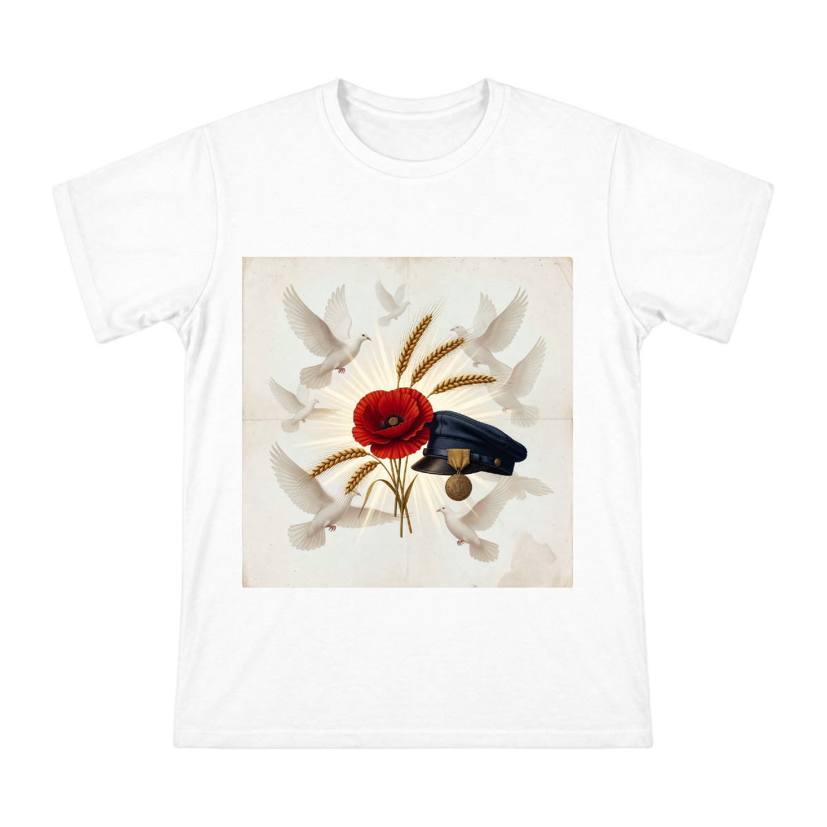 Peace Memorial: Red Poppy and Military Cap Tribute Men's Custom T-Shirt front [ai-pod:ccf3849cbee551ec3ea421b339eed3a5]