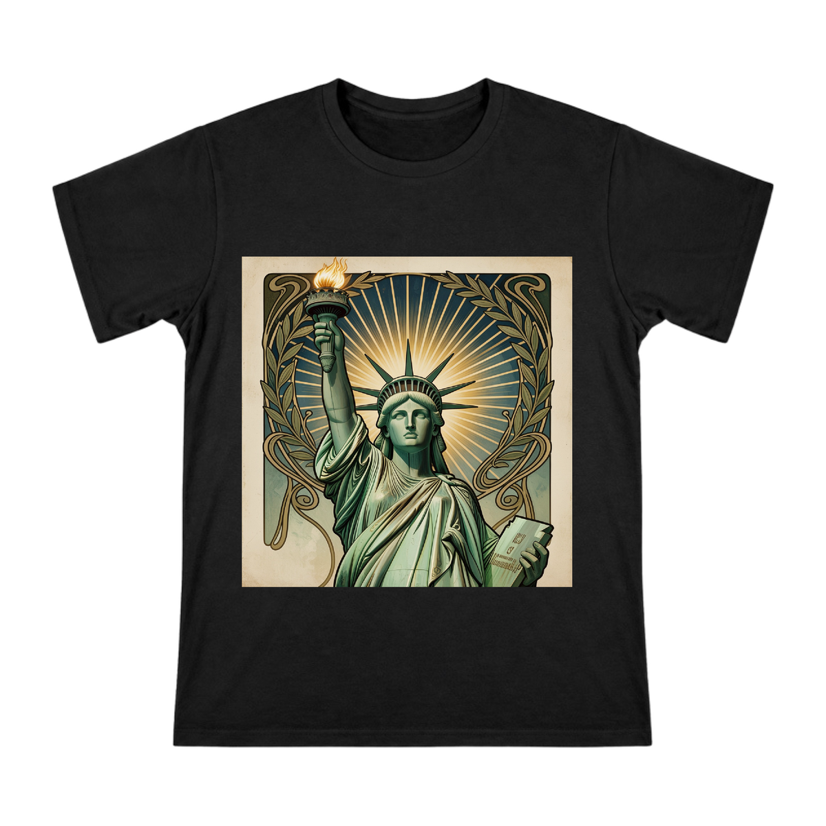 Art Nouveau Statue of Liberty Vintage Illustration Men's Cotton T-Shirt front [ai-pod:655dfa878509a42f3c72b2c3f7e6656c]