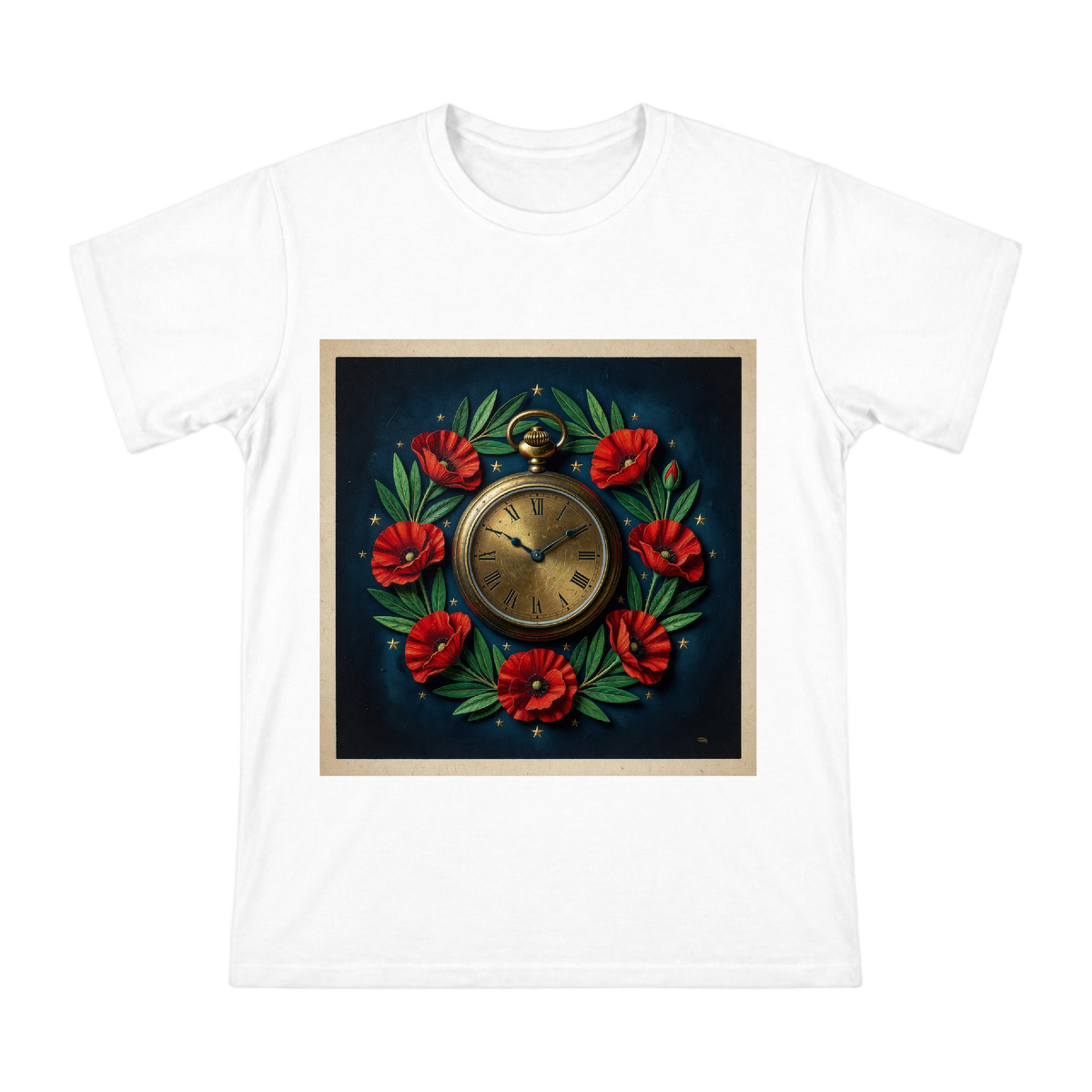 Veterans Day Tribute Vintage Brass Pocket Watch and Red Poppy Memorial T-Shirt front [ai-pod:5fd7f2daca75f5b08dbdf23490e06233]