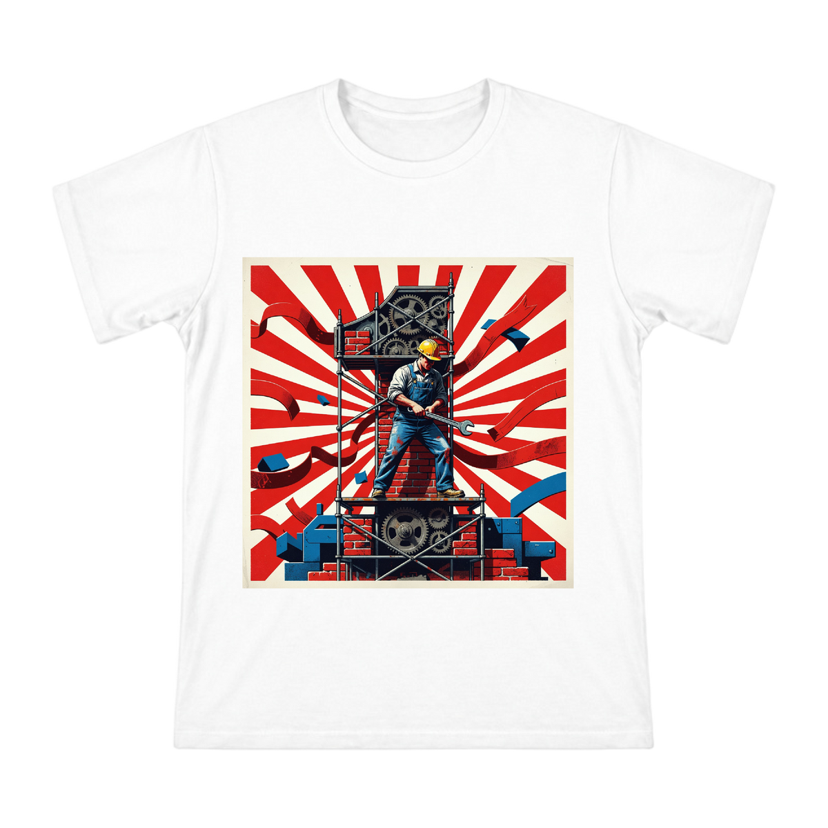 Industrial Labor Day Worker with Gear and Scaffolding Men's Cotton T-Shirt front [ai-pod:1341602bb262ef36580926f449bf1290]