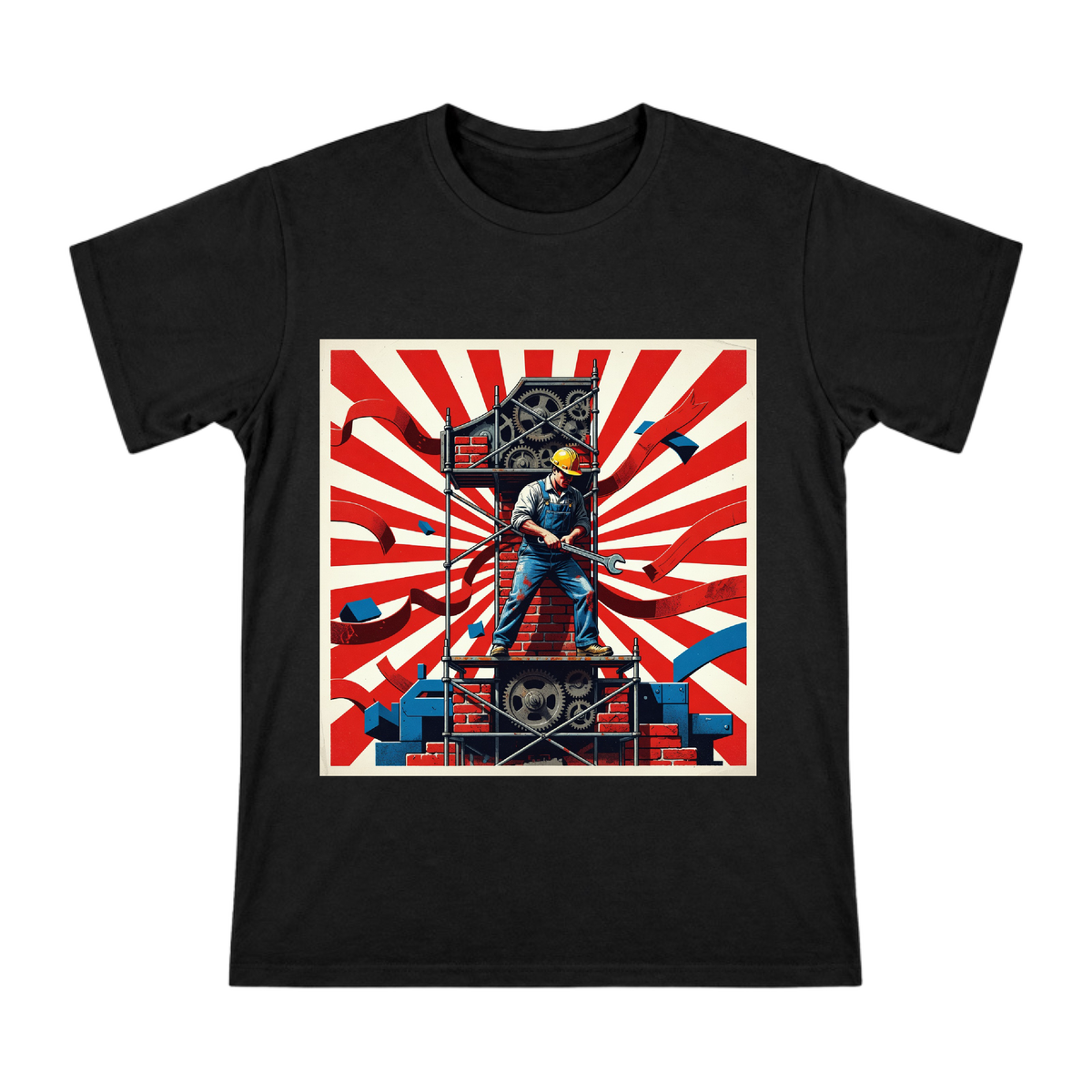 Industrial Labor Day Worker with Gear and Scaffolding Men's Cotton T-Shirt front [ai-pod:3cb436a6d50d7cdd7364fbd56a9b5b5d]