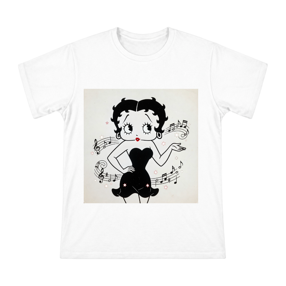 Vintage 1930s Jazz Style Cartoon Woman with Musical Notes Men's Cotton T-Shirt front [ai-pod:9b4996bbfb51340055840fb943a2c33c]