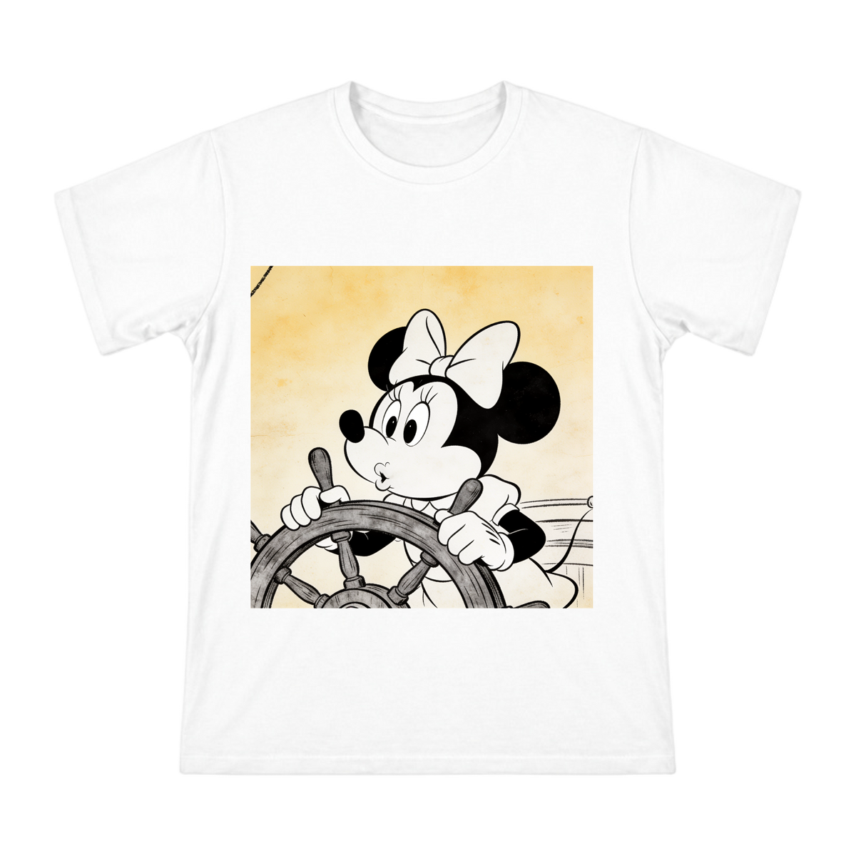 Retro Steamboat Helm Minnie Mouse Black-and-White Illustration T-Shirt front [ai-pod:4c4173e8de0601baf92df953ada13220]