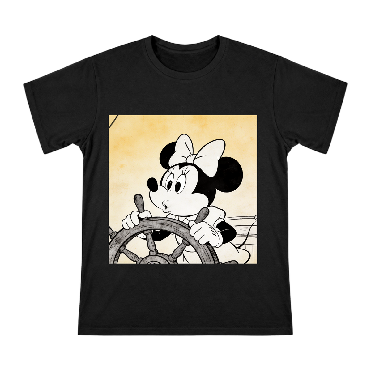 Retro Steamboat Helm Minnie Mouse Black-and-White Illustration T-Shirt front [ai-pod:be1a941f5edac5d8c8c6933de55fd101]