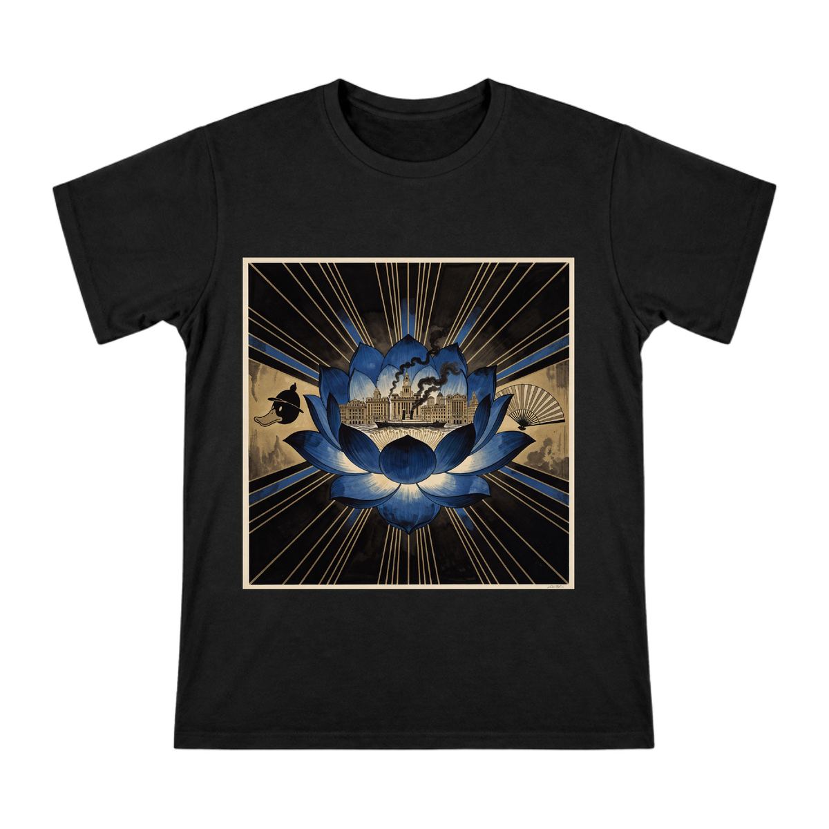 Blue Lotus Bloom: Bundled Art Deco & Shanghai Skyline T-Shirt front [ai-pod:7047dbfdb8851740b15c345079554dce]
