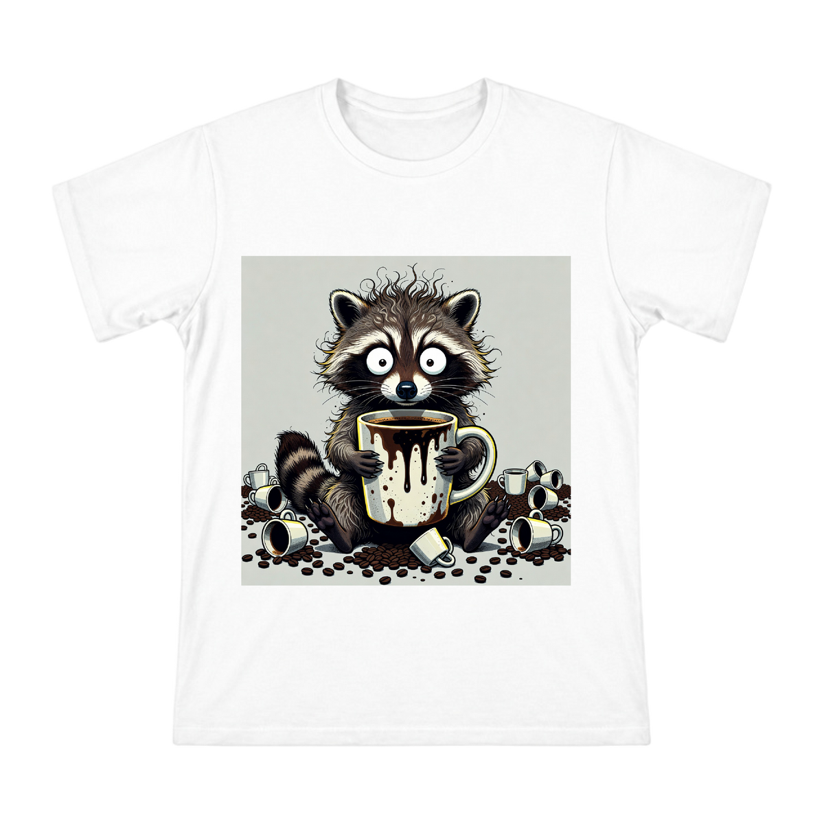 Caffeine-Overloaded Frizzy Raccoon Graphic Men's Short Sleeve T-Shirt front [ai-pod:1a9234b58ee18691ae36cde6772b9347]