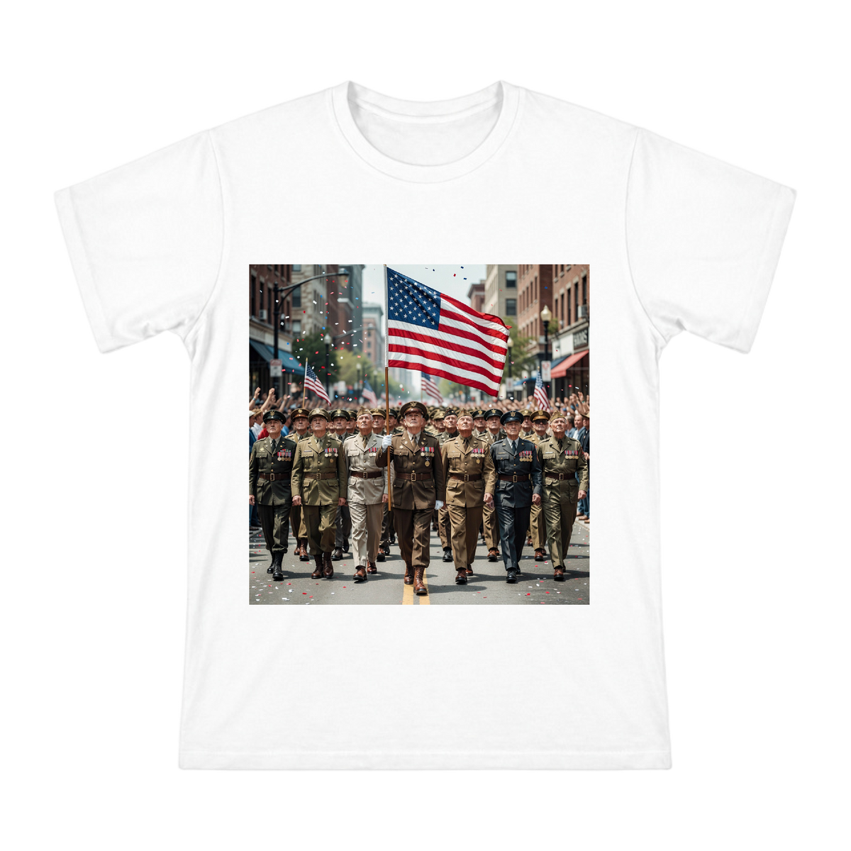 Honor March: Veterans Parade and American Flag Men's Short-Sleeve T-Shirt front [ai-pod:a08f15cee8d7291f12809972d567f040]