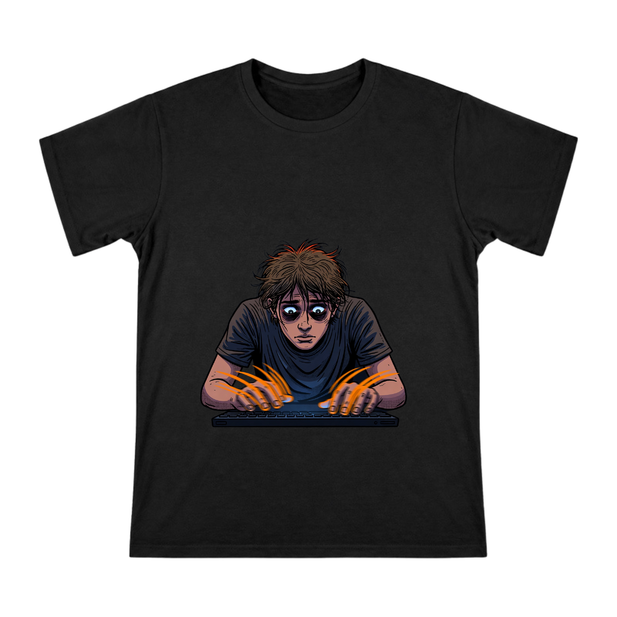 Exhausted Programmer Retro Comic Graphic Men's Cotton T-Shirt front [ai-pod:8aa6b6f3dca4174b7ace4eb67c442173]
