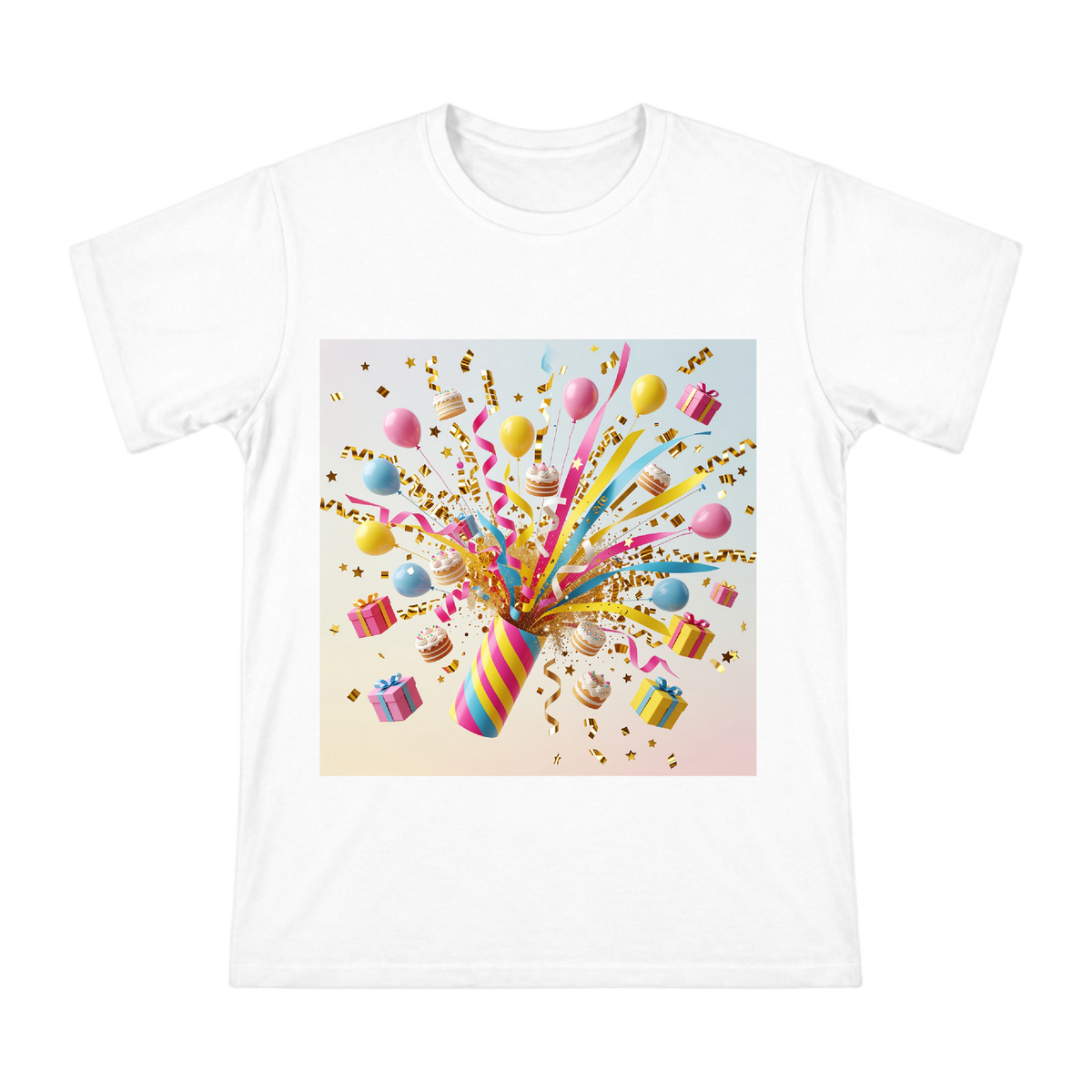 Colorful Birthday Party Popper Burst Men's Custom Print Cotton T-Shirt front [ai-pod:077ab817427ed110b996268e0f0f2428]