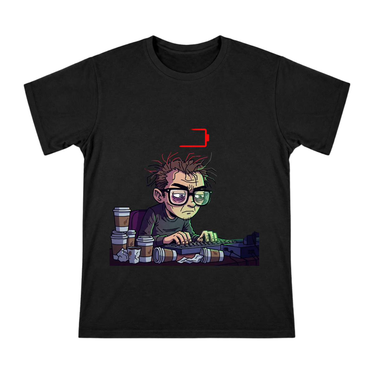 Exhausted Programmer Low Battery T-Shirt front [ai-pod:f1f0bbd05d24e88eb24a7010604ec47e]