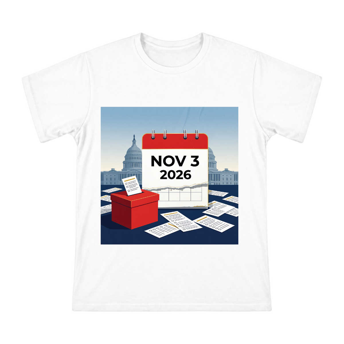 2026 Election Day Calendar and Red Ballot Box Illustration Men's Short Sleeve T-Shirt front [ai-pod:582526061463d5837a8478a7cff3b614]