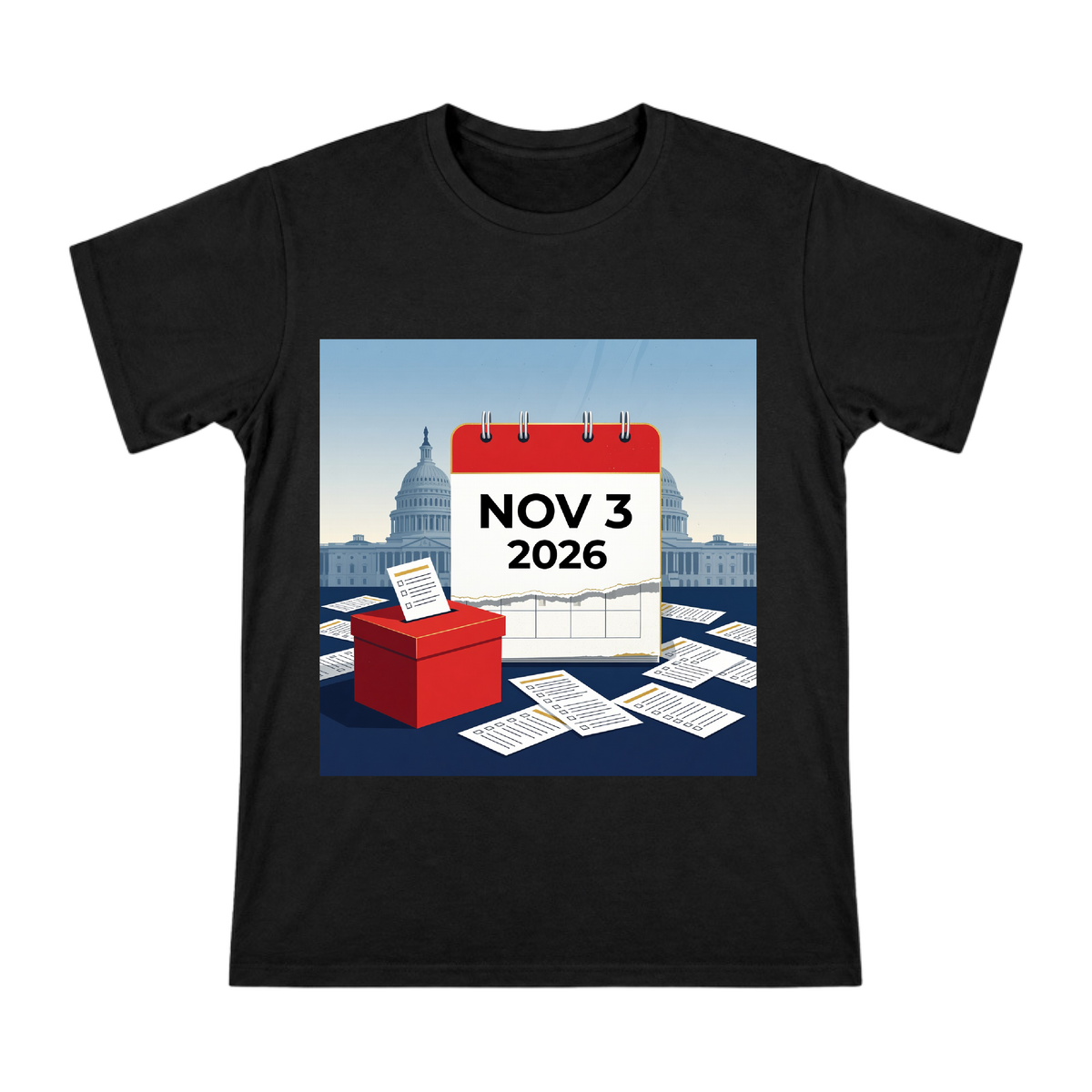 2026 Election Day Calendar and Red Ballot Box Illustration Men's Short Sleeve T-Shirt front [ai-pod:3312f68516fac5524993919287b35ca8]