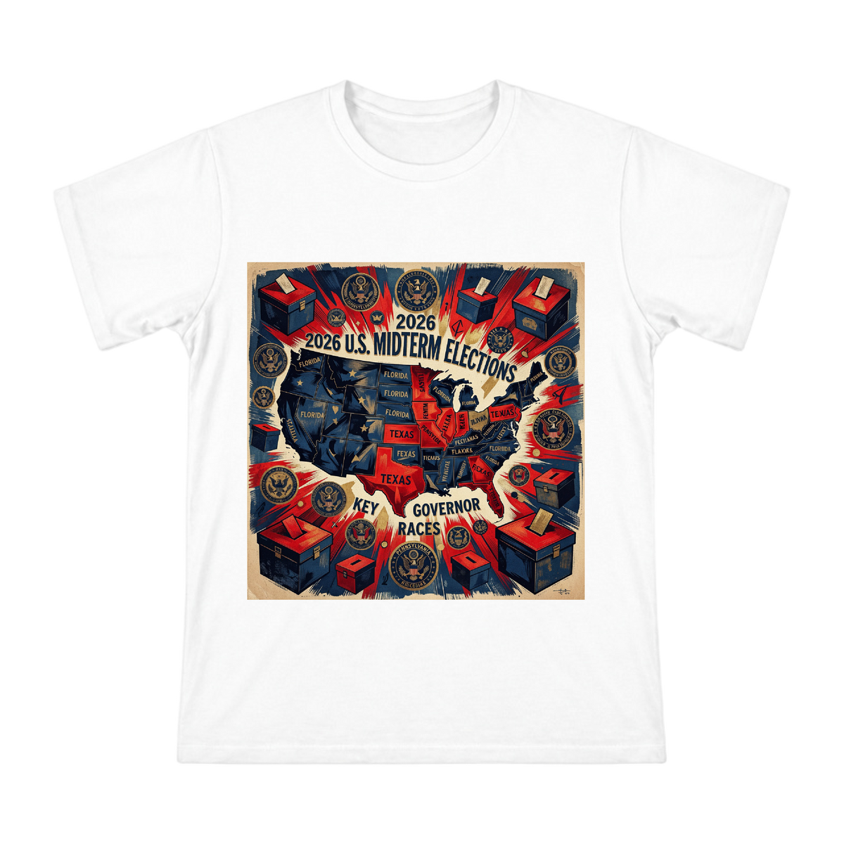 2026 US Midterm Election Key State Map Retro Poster Men's Short Sleeve T-Shirt front [ai-pod:b3723415e4c486acfe21f0478bcf7cd1]