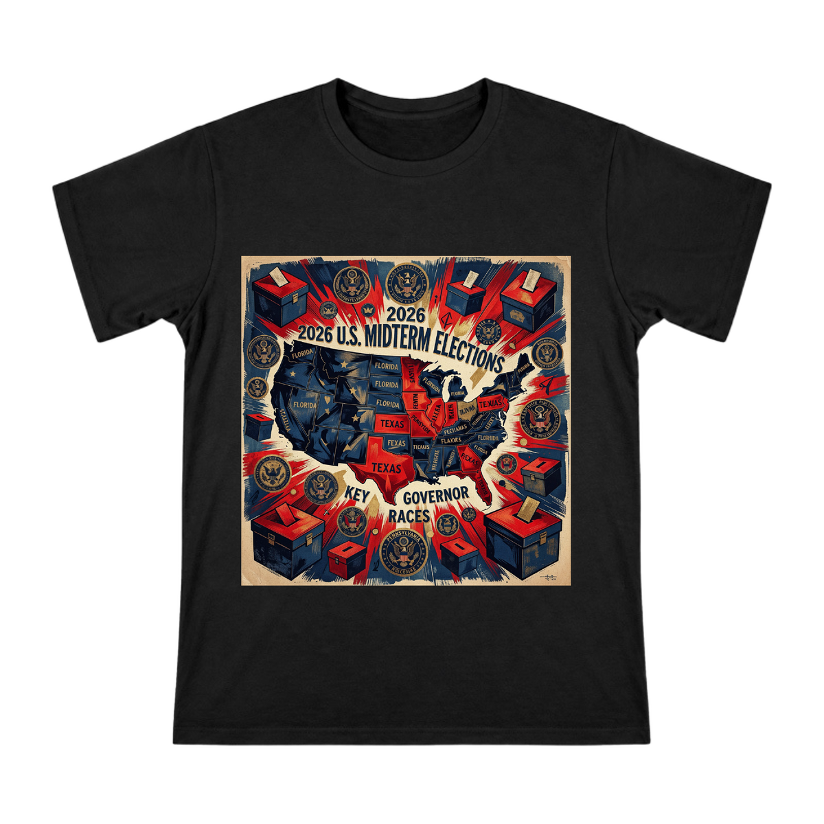 2026 US Midterm Election Key State Map Retro Poster Men's Short Sleeve T-Shirt front [ai-pod:a214d3ecdd50cdab671f2ffc4174f17f]