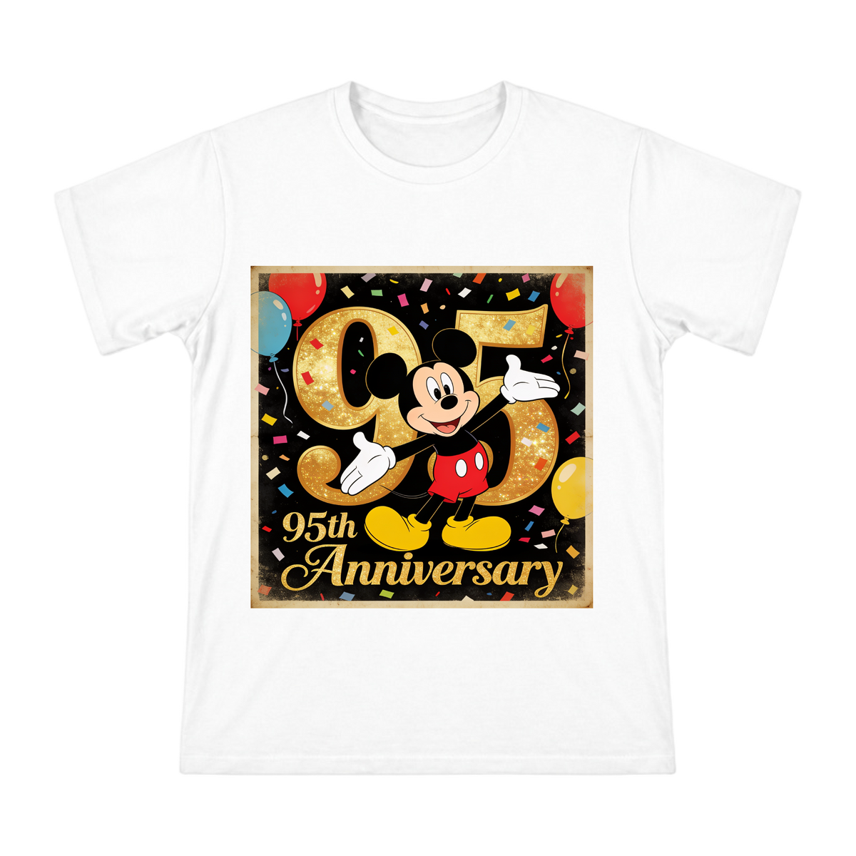 Mickey Mouse 95th Anniversary Gold Glitter Graphic Men's Cotton T-Shirt front [ai-pod:51a3c863ce379dda5f68431add92f8cb]