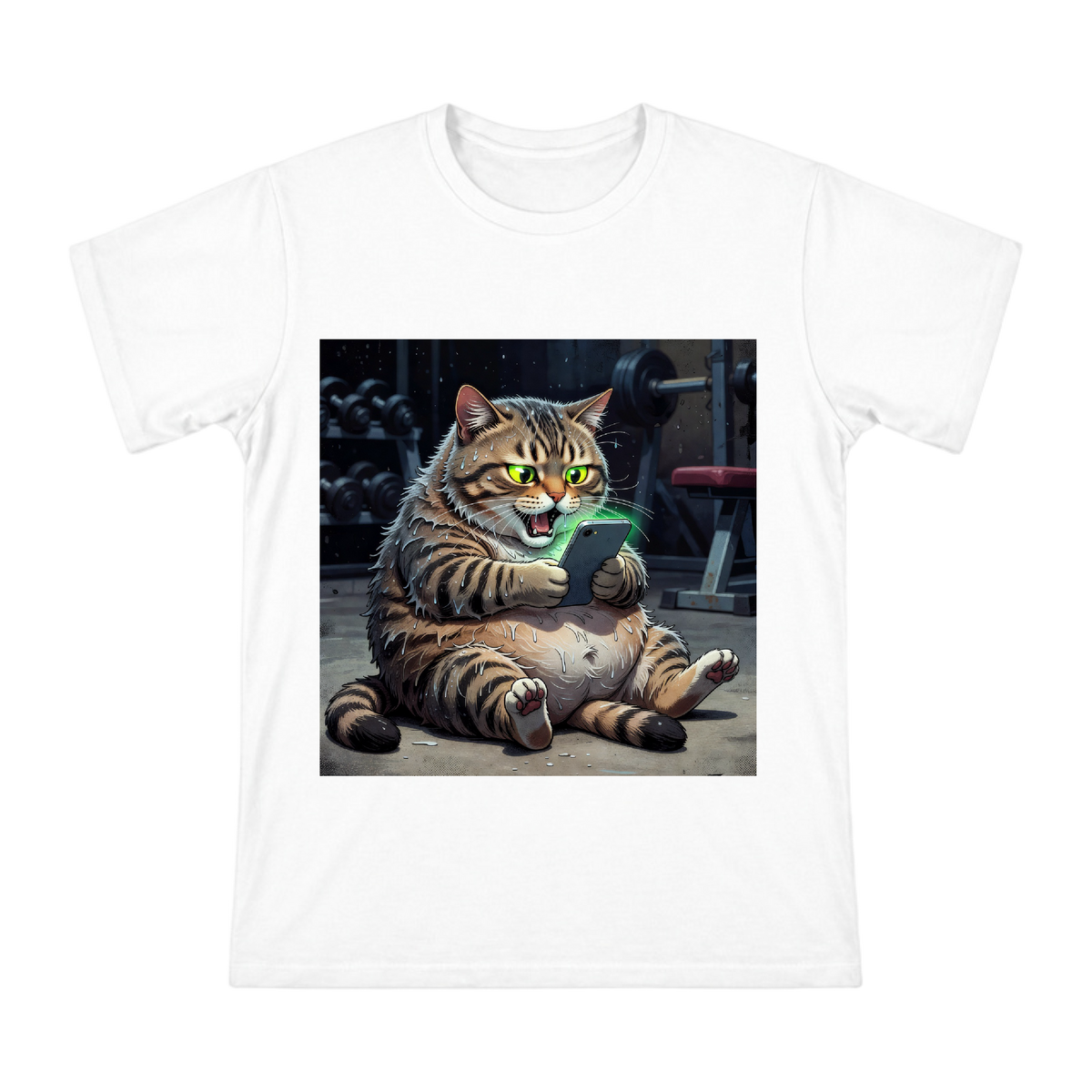 Exhausted Overweight Cat Glued to Smartphone Screen: Humorous Retro-Style Cotton T-Shirt front [ai-pod:2ac380759f23fc0ebaafdbc5cb46de21]